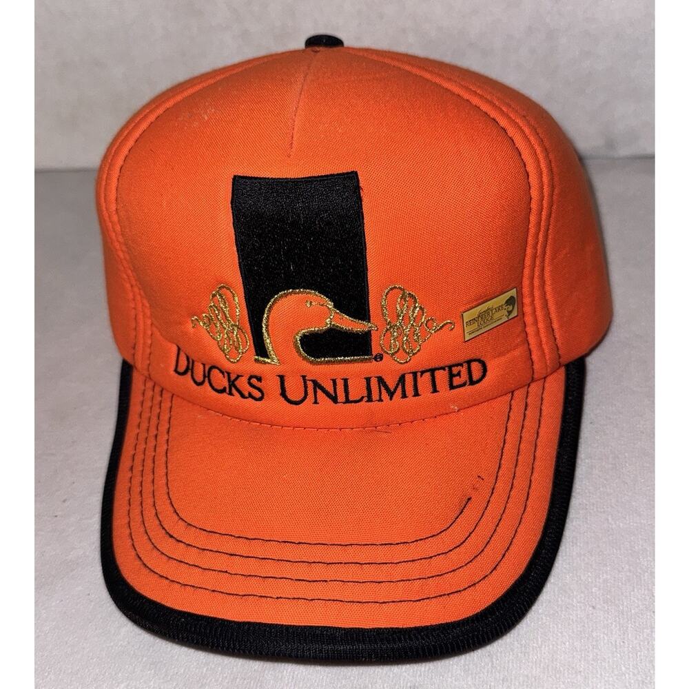 VINTAGE BLAZE ORANGE BLACK DUCKS UNLIMITED TRUCKER HAT EMBROIDERED ADJUSTABLE